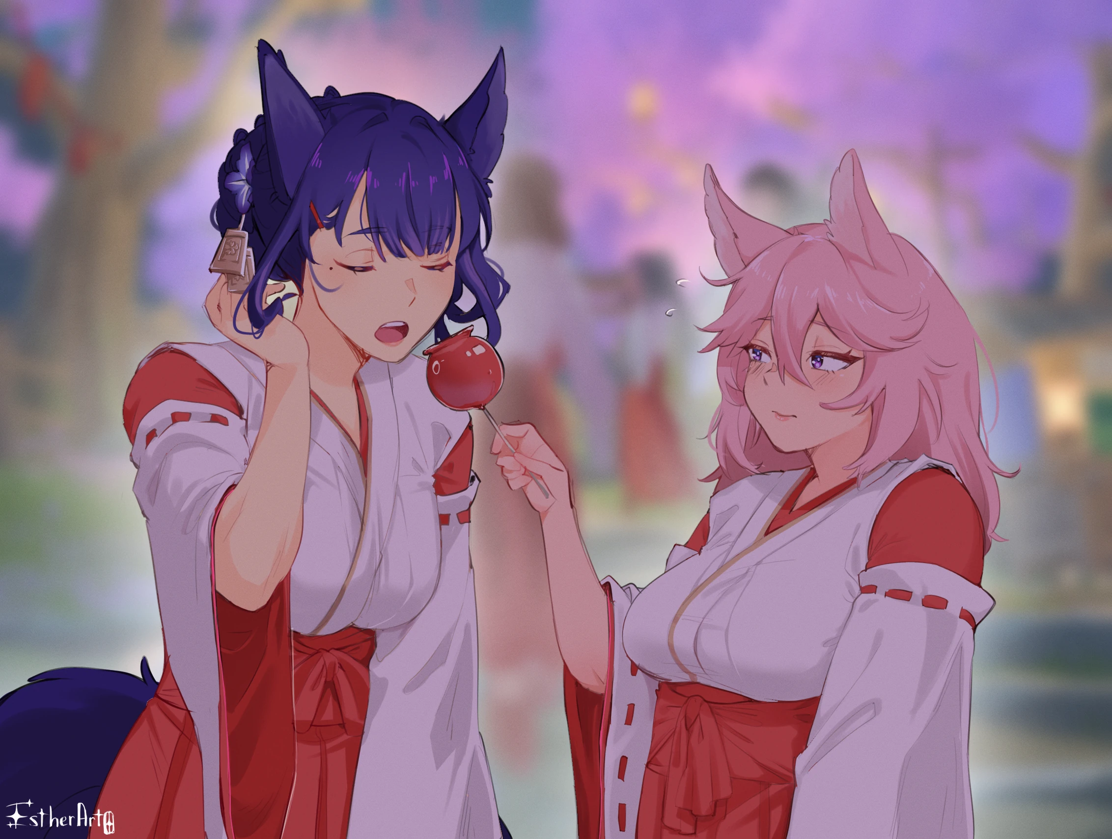 Ei eating a candy apple from Miko's hand.